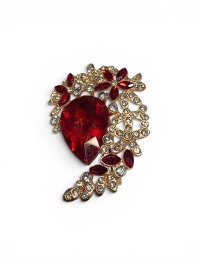 Red Crystal Heart Brooch with Clear Accents